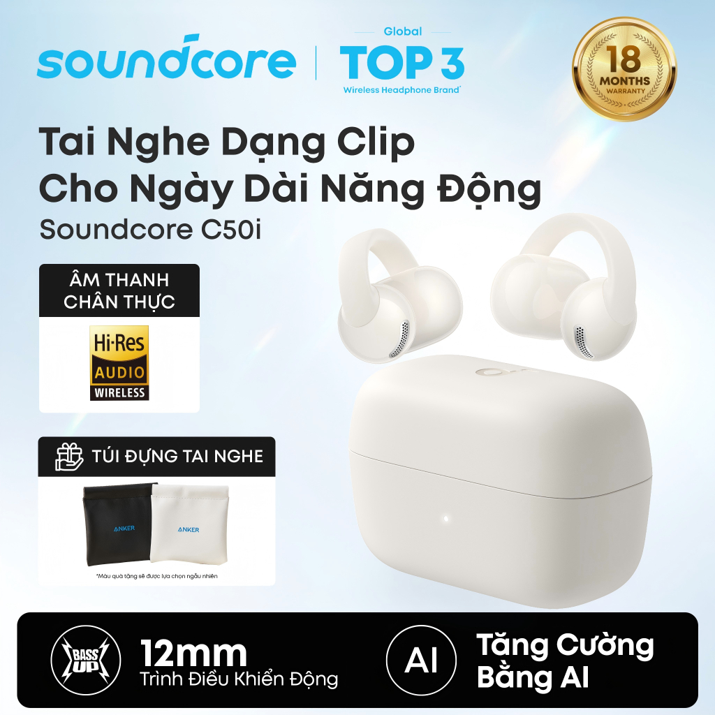 Tai nghe kẹp tai dạng mở soundcore C50i, bass mạnh, gọi AI rõ nét, pin lâu tới