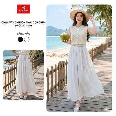 Chân váy maxi nữ CARDINA chất liệu chiffon cạp chun phối dây đai 6CVX03