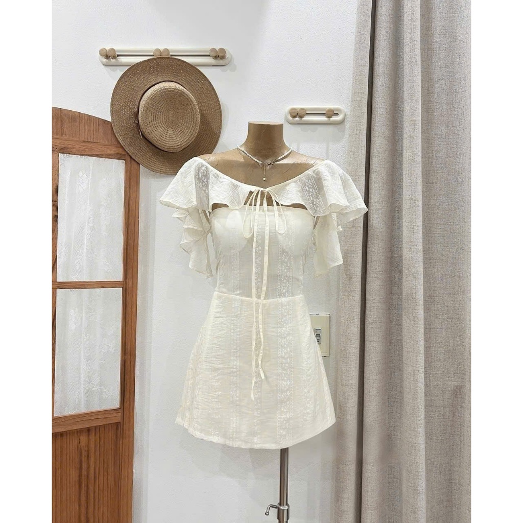 (Háng Shop): Váy Trễ Vai Đũi Tơ Buộc Nơ Ngực In Hoa Nổi Cúp Ngực Dáng Ngắn Lưng Chun Khoá Kéo -Ảnh Thật Lollaye | BigBuy360 - bigbuy360.vn