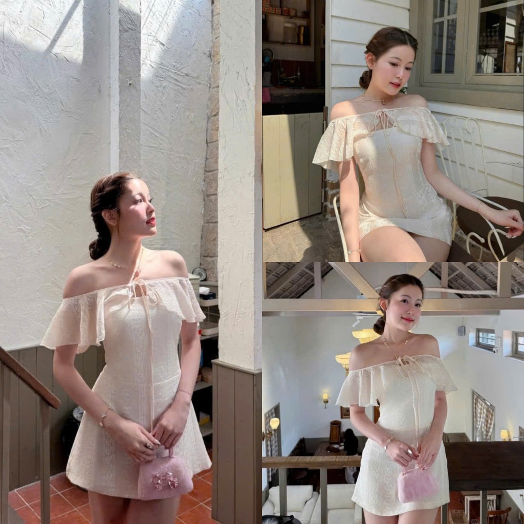 (Háng Shop): Váy Trễ Vai Đũi Tơ Buộc Nơ Ngực In Hoa Nổi Cúp Ngực Dáng Ngắn Lưng Chun Khoá Kéo -Ảnh Thật Lollaye | BigBuy360 - bigbuy360.vn