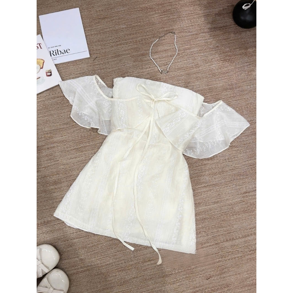 (Háng Shop): Váy Trễ Vai Đũi Tơ Buộc Nơ Ngực In Hoa Nổi Cúp Ngực Dáng Ngắn Lưng Chun Khoá Kéo -Ảnh Thật Lollaye | BigBuy360 - bigbuy360.vn