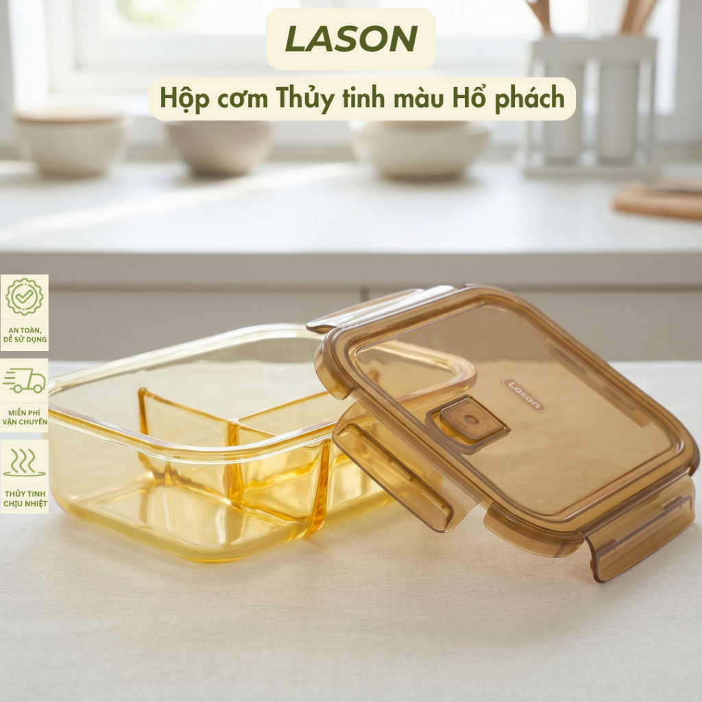 Hộp cơm thủy tinh Lason Hộp cơm hổ phách chịu nhiệt dùng lò vi sóng HC-TT03