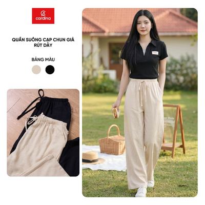 Quần dài nữ CARDINA chất liệu vải đũi dáng suông cạp chun giả rút dây 6QDT16