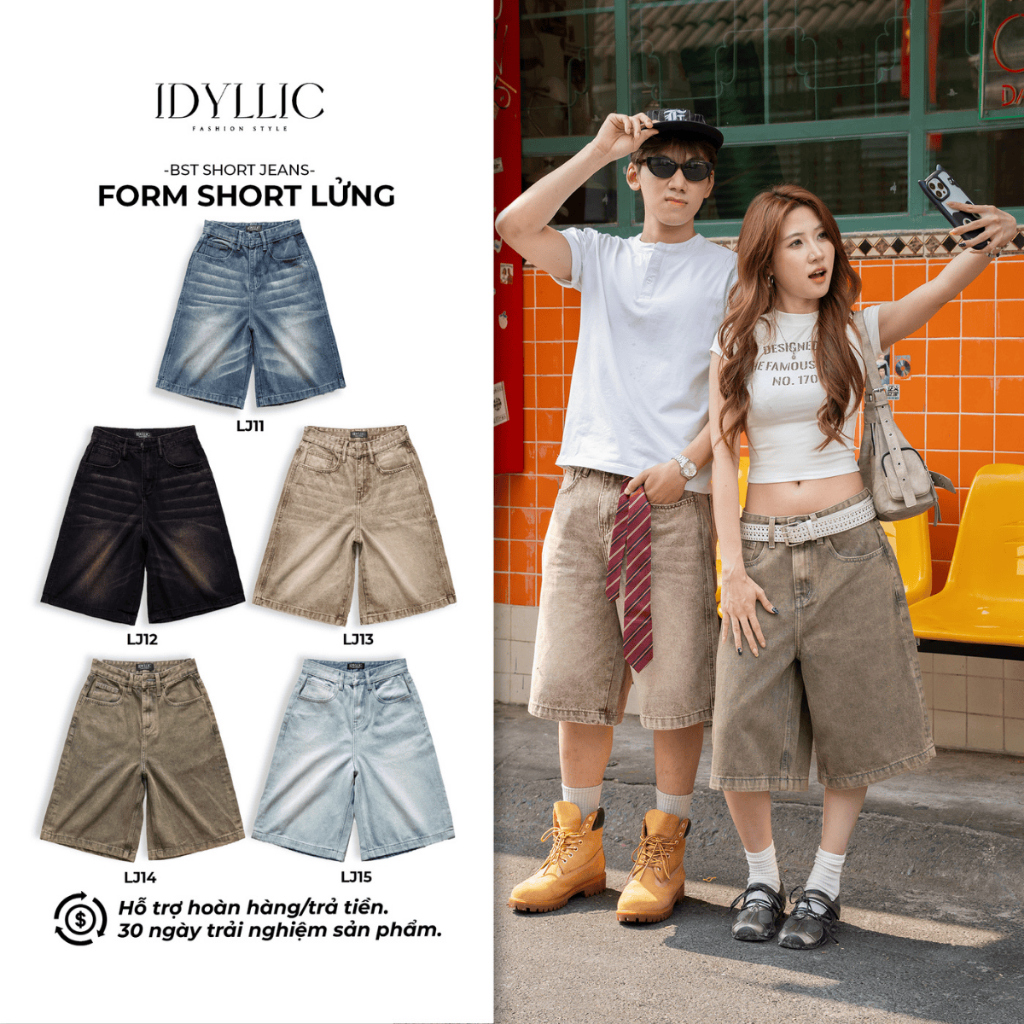 Quần Jeans Cotton Ngố Lửng Ống Rộng Nam Nữ Unisex Che Khuyết Điểm Đứng Form Màu Wash IDYLLIC