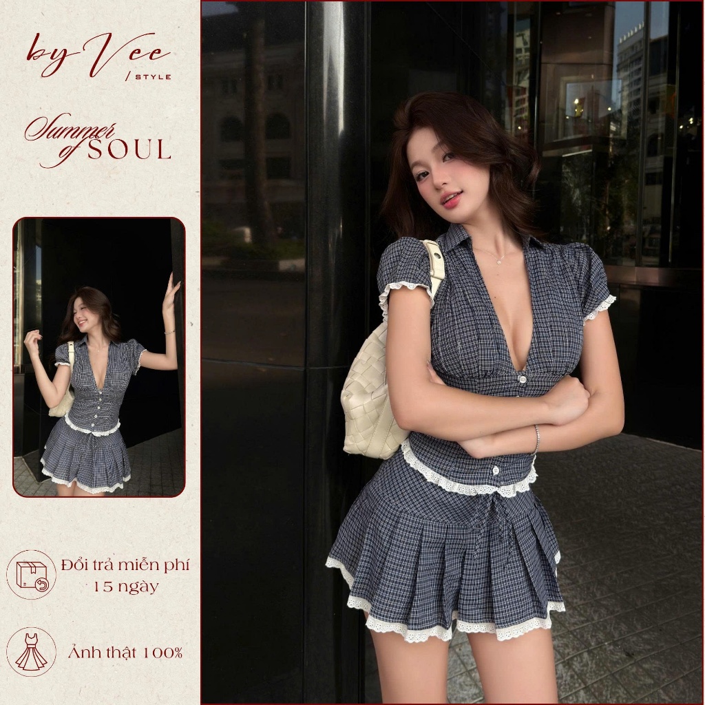 Set áo chân váy caro xanh viền ren Siren Set - Byvee, áo tay bồng kết hợp chân váy xếp ly siêu xinh
