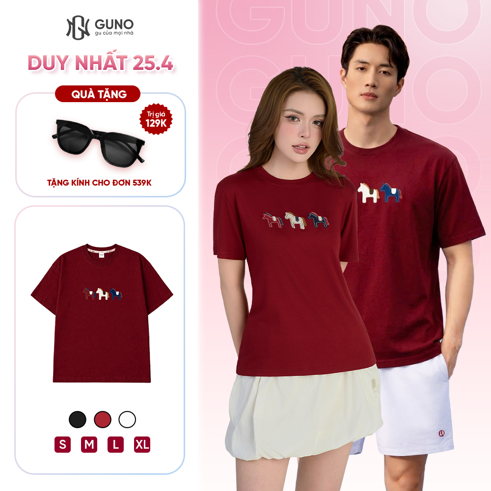 Áo Thun Nam Nữ Thêu Ngựa GUNO Cao Cấp Trơn Màu Cotton Co Dãn 4 Chiều Thoáng Mát SP5 26AG06/AB11 | BigBuy360 - bigbuy360.vn