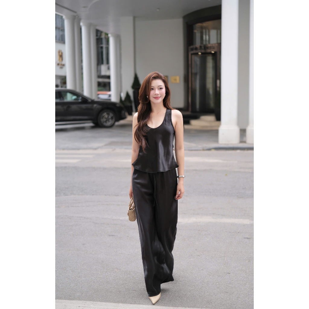 Quần Lụa nữ ống suông HHVINTAGE kiểu lưng thun ống rộng chất Lụa bóng A23 | BigBuy360 - bigbuy360.vn