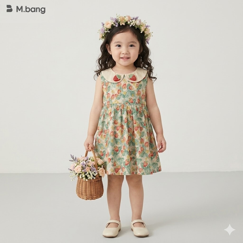 Váy bé gái mùa hè Mbang có cổ hàng thiết kế xinh xắn, Váy bé gái mùa hè Mbang hoạ tiết xinh xắn