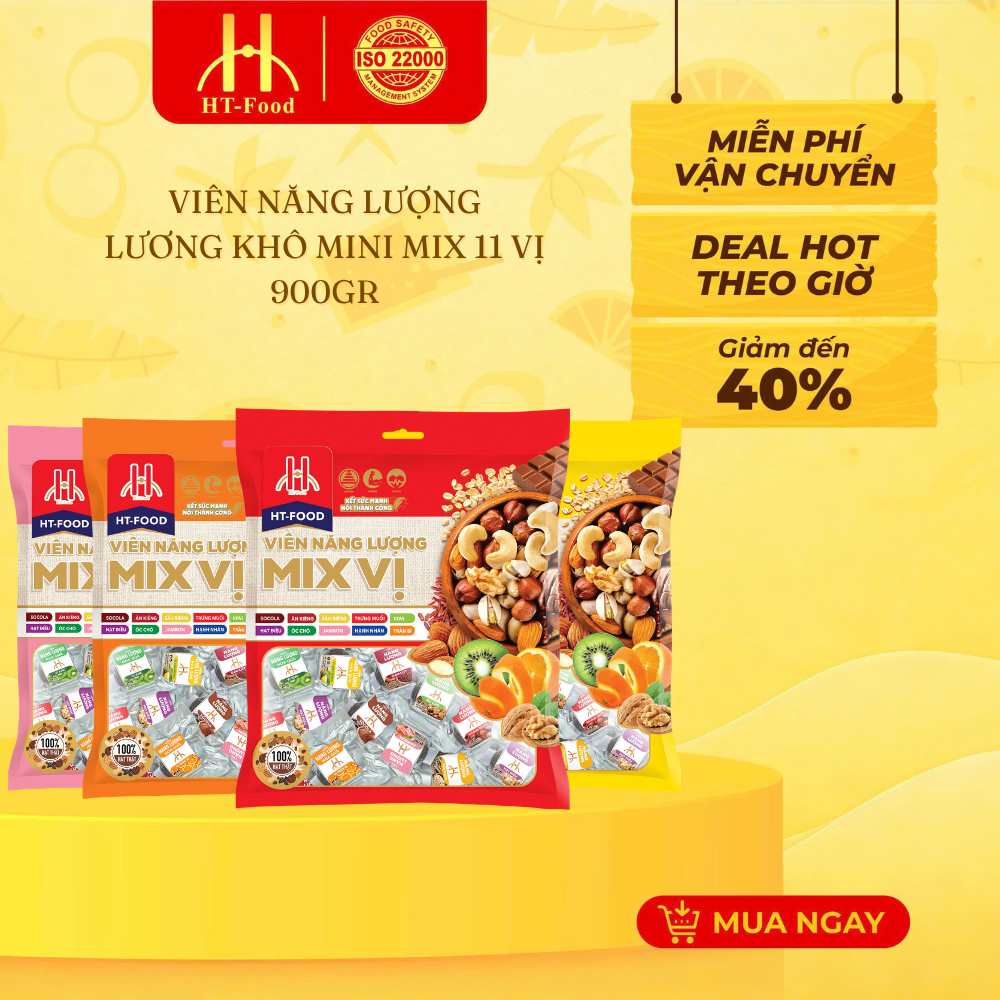 Lương khô mini mix 11 vị HT-Food gói 900g, viên năng lượng mix vị ăn vặt, đồ ăn vặt thay bữa ăn sáng
