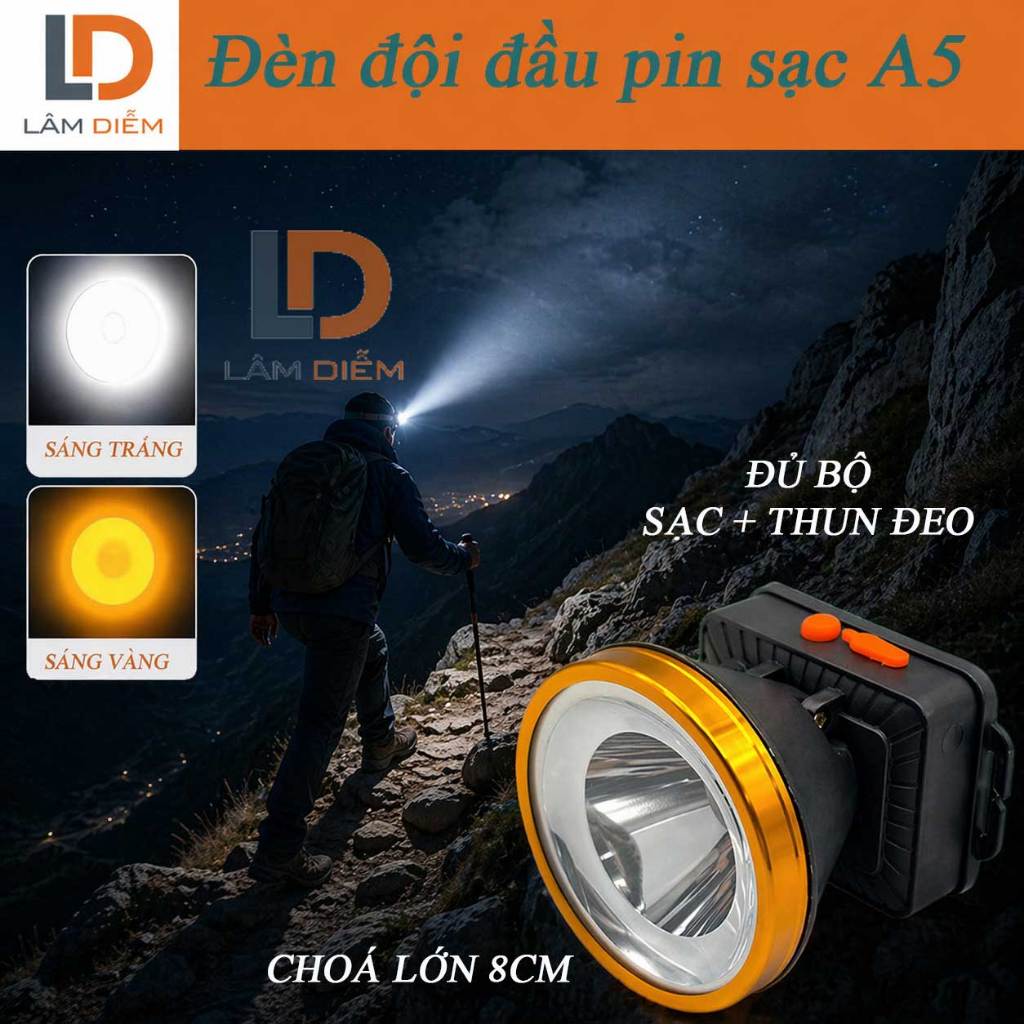 Đèn đội đầu siêu sáng pin sạc có kèm sạc và thun đeo A3 - A4 -A5