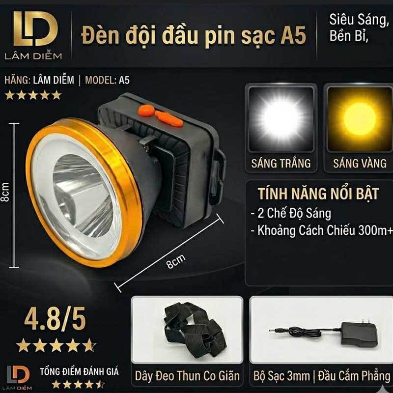 Đèn pin đội đầu led siêu sáng chóa 80mm a5 có kèm sạc và thun đeo