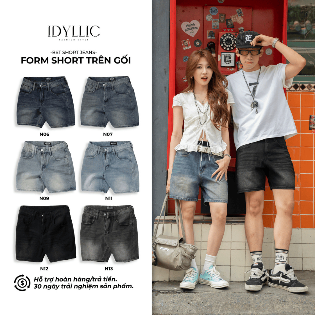 Quần Short Jean Nam Nữ Trên Gối Unisex Form Rộng Ống Suông Phong Cách Hàn Quốc IDYLLIC Studio