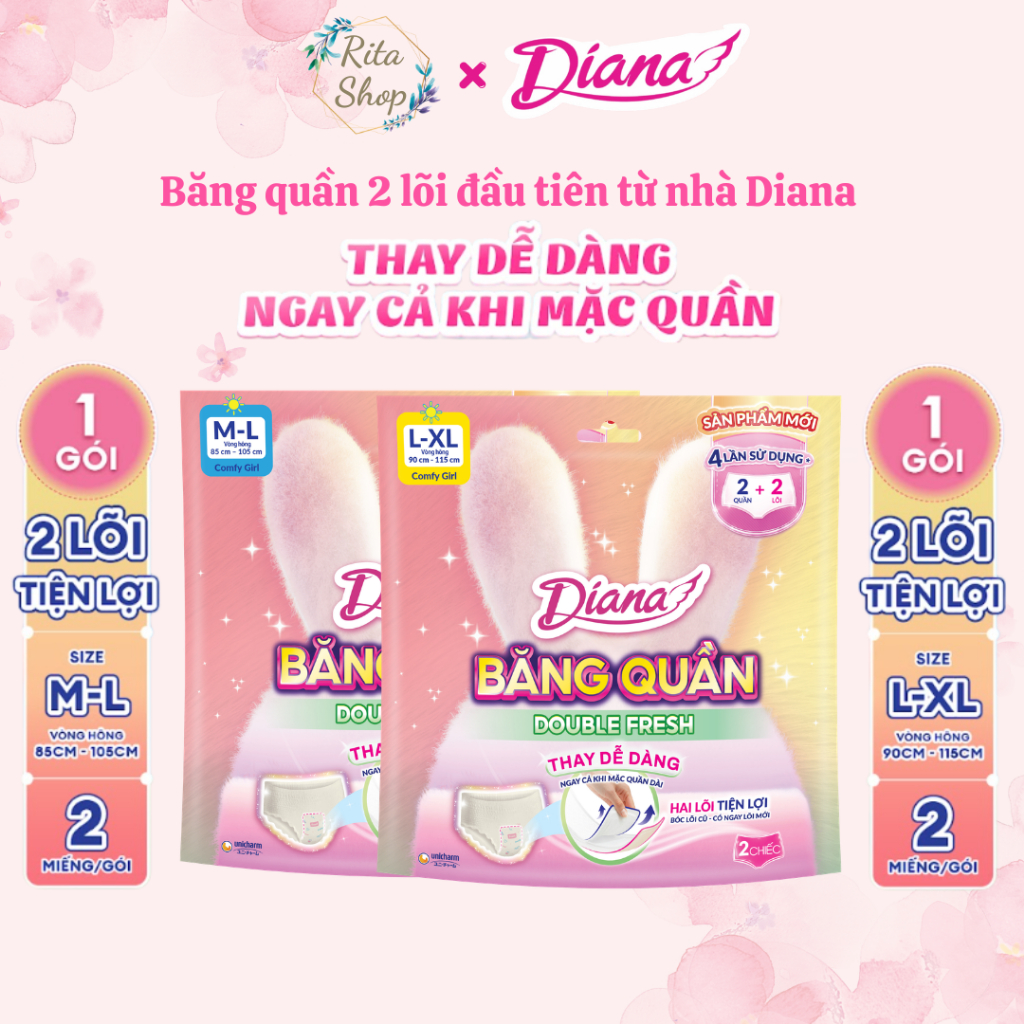 Diana Băng Quần Double Fresh Gói 2 Chiếc - Băng Quần Hai Lõi Tiện Lợi, Thay Mới Dễ Dàng (Rita Shop)