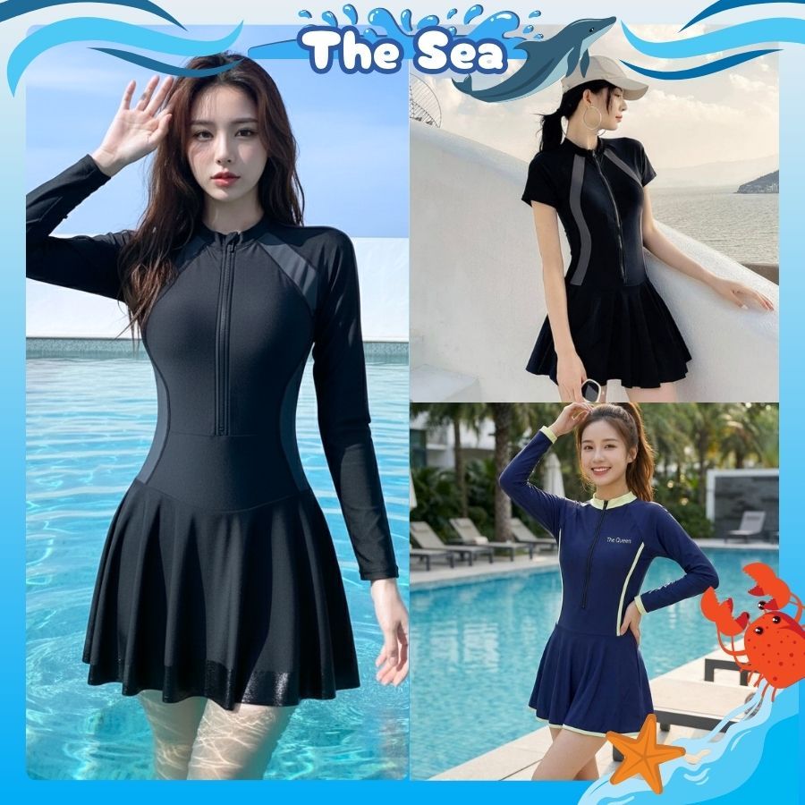 Đồ bơi nữ liền thân bikini đi biển 1 mảnh váy bên trong có quần đùi kín đáo phối khóa kéo tay dài và ngắn THE SEA 001 | BigBuy360 - bigbuy360.vn