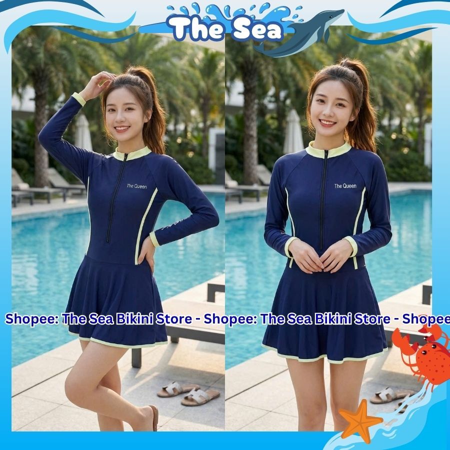 Đồ bơi nữ liền thân bikini đi biển 1 mảnh váy bên trong có quần đùi kín đáo phối khóa kéo tay dài và ngắn THE SEA 001 | BigBuy360 - bigbuy360.vn