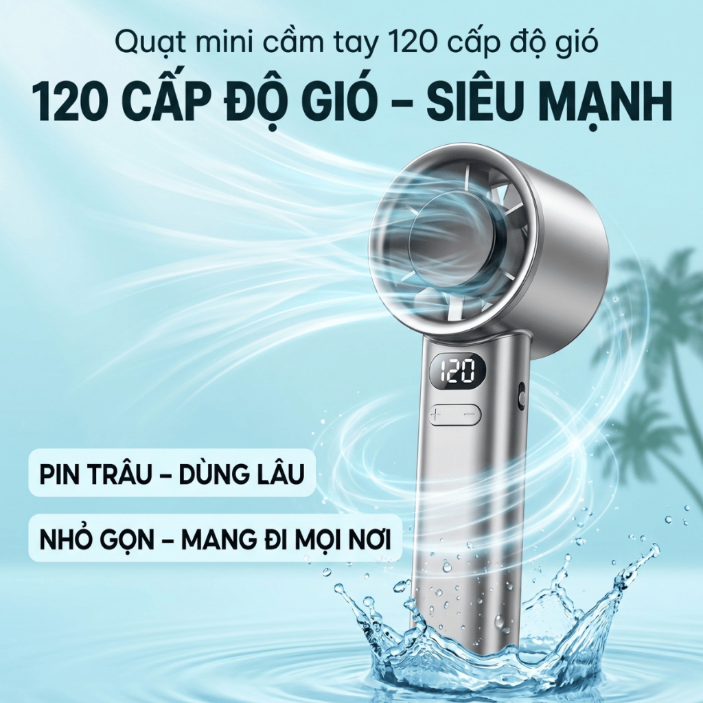Quạt cầm tay tốc độ cao turbo DEMIDE 120 cấp độ gió quạt mini gió mạnh lượng pin lớn có màn hình