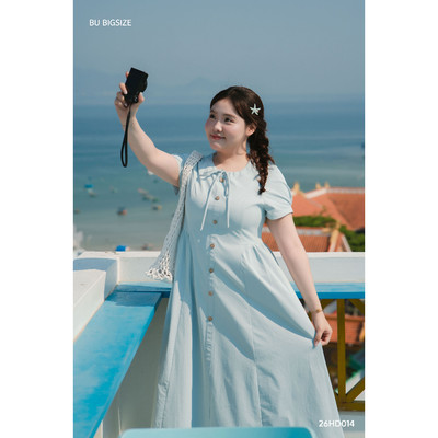 Đầm dài nhún eo nơ cổ BIGSIZE (55kg đến 95kg) – 26HD014 - [BU Bigsize Young]