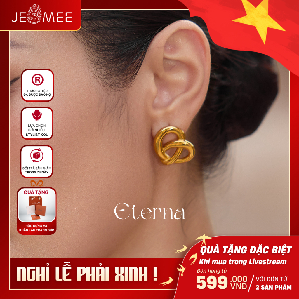 Khuyên tai Eterna đi tiệc JESMEE xoắn trái tim bất tận thép Titan mạ - E65021
