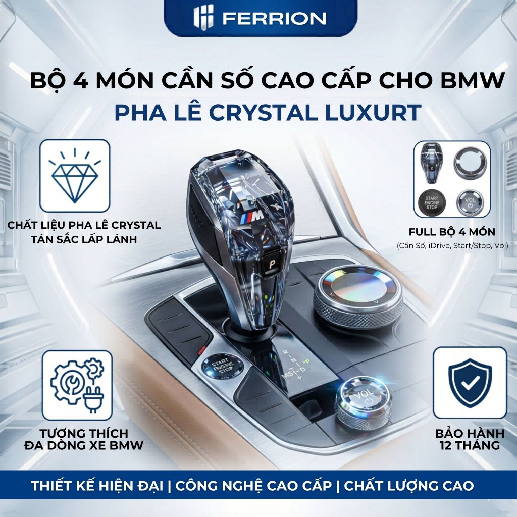 Bộ 4 Món Cần Số Pha Lê Crystal Luxury Ferrion Cho BMW MGU, Full Cần Số + iDrive + Start/Stop + Vol, 