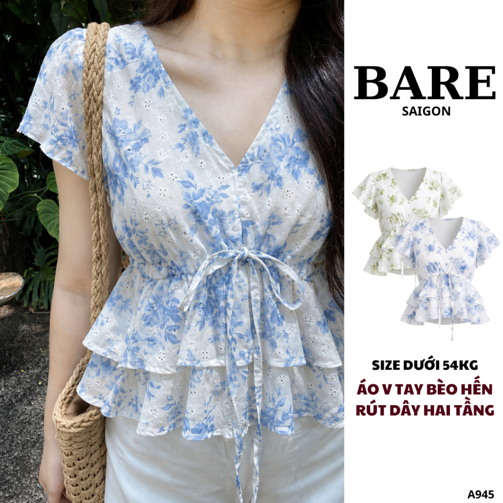 BARE_ Áo Kiểu Hoa Nữ Babydoll Cổ Tim, Áo V Tay Bèo Hến Rút Dây Hai Tầng - Hai Lớp Đi Chơi, Đi Biển_A945