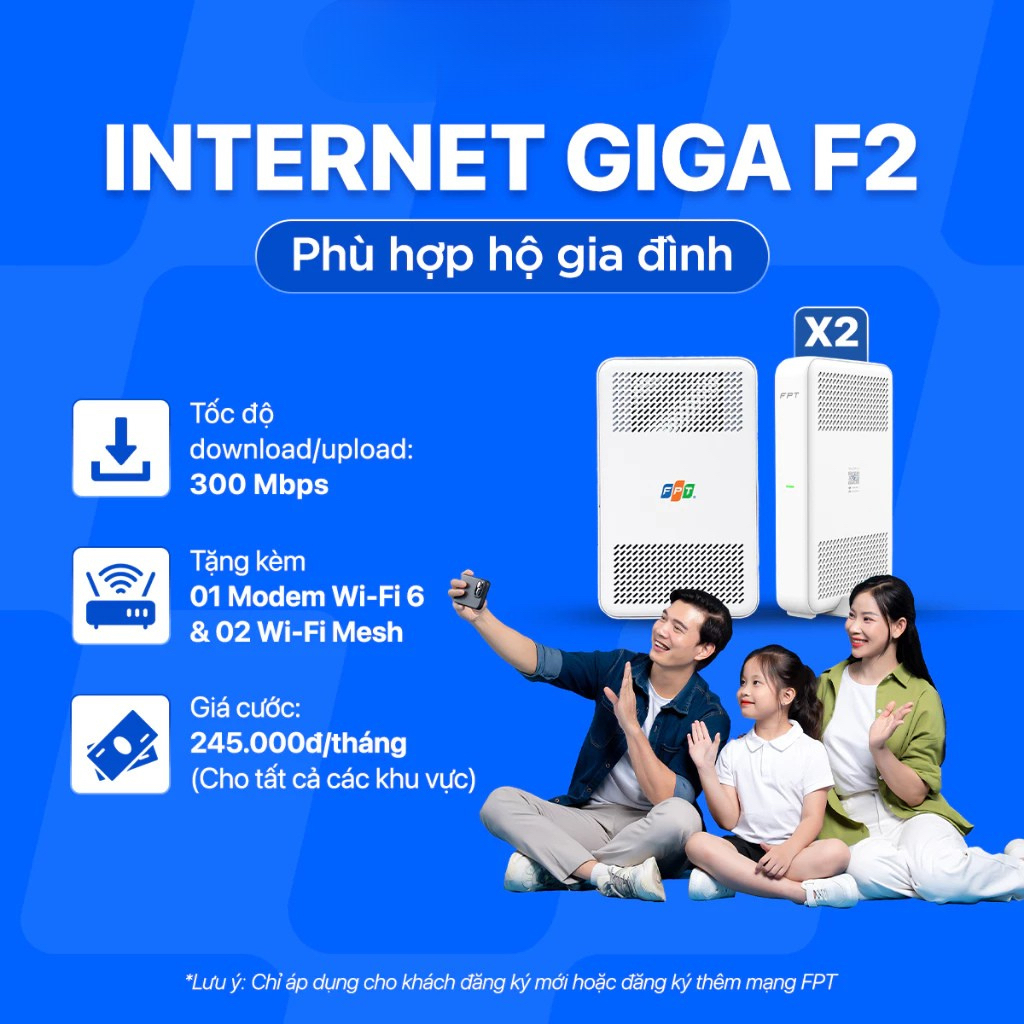 Gói Internet GIGA F2 Tốc Độ 300Mbps| Trang bị 01 Modem & 02 Access Point WiFi 6
