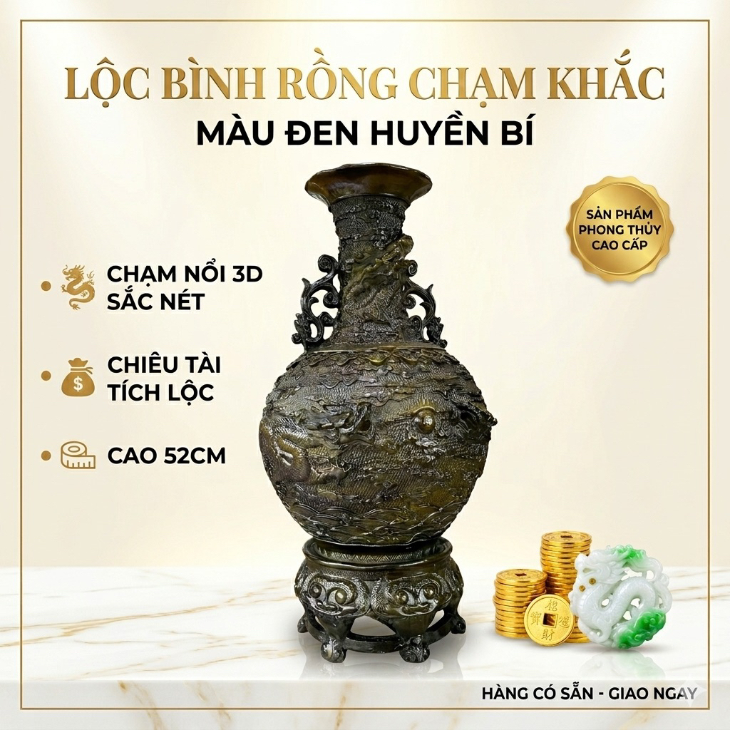 Lộc Bình Đá Đúc 52cm Chạm Rồng Nổi 3D - Màu Đen Quyền Lực - Bình Hoa Phong Thủy Tích Lộc, Trang Trí 