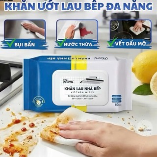 Thùng 5-10 Gói Khăn Ướt Lau Bếp HAMI Việt Nam - HƯƠNG CHANH THƠM MÁT, Làm Sạch Đầu Mỡ Nhanh Chóng. 1 gói 80 miếng