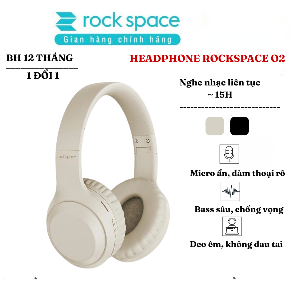 Headphone tai nghe bluetooth chụp tai không dây Rockspace O2 có mic hàng chính hãng BH 1 năm