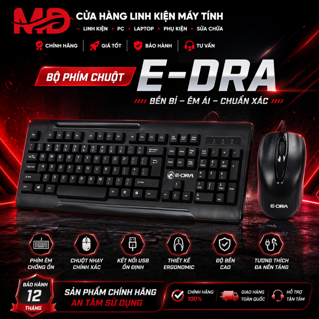 Bộ Bàn Phím Chuột E-DRA EK501 + EM601 – Chính Hãng, USB, Gõ Êm, Độ Bền Cao, Giá Tốt