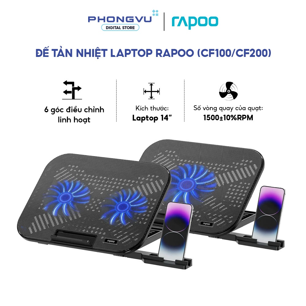 Đế tản nhiệt laptop Rapoo CF100 (1 Quạt) / CF200 (2 Quạt) - 6 Góc điều chỉnh - Bảo hành 24 tháng