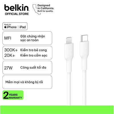 Cáp sạc nhanh Belkin USB-C to Lightning công suất 30W vỏ nhựa chứng chỉ MFi siêu bền truyền dữ liệu bảo hành 2 năm