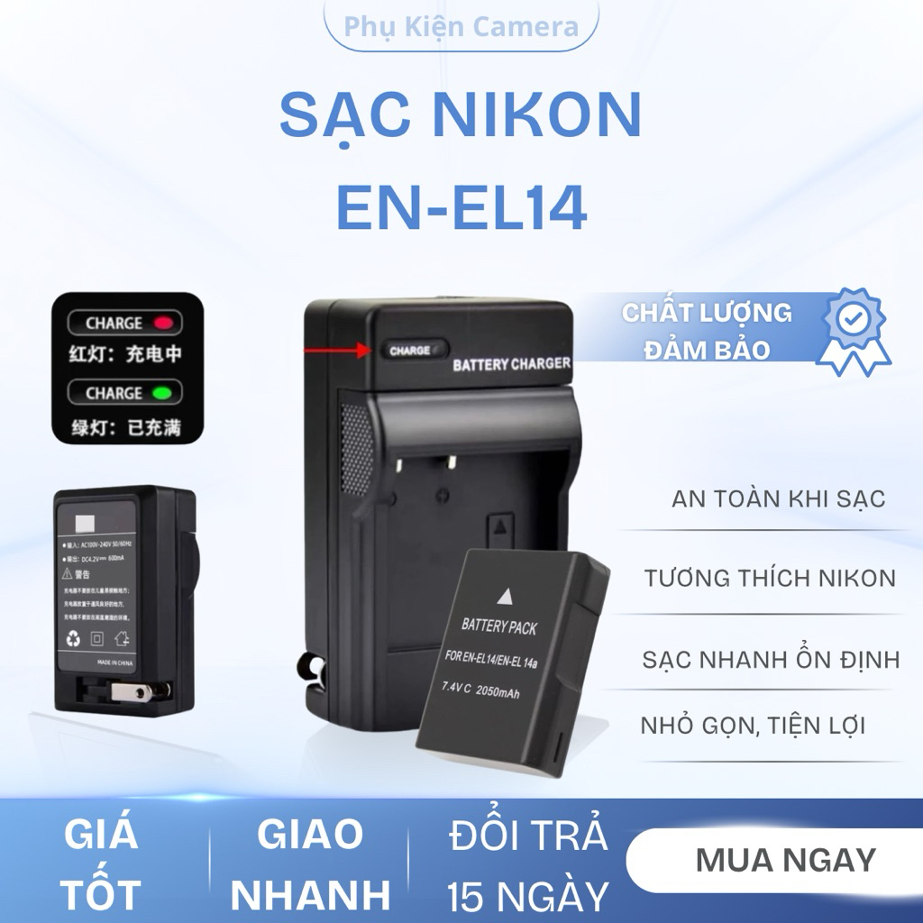 Combo Sạc + Pin Nikon EN-EL14 (Dung Lượng Cao 2050mAh) Tương thích Nikon D-Series: D3100, D3200, D33