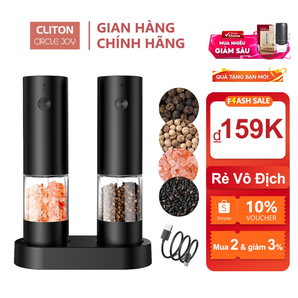 Cliton 2 Cái Bộ máy xay muối và hạt tiêu điện tử hiện đại, có thể sạc lại với đế lưu trữ, máy xay hạ