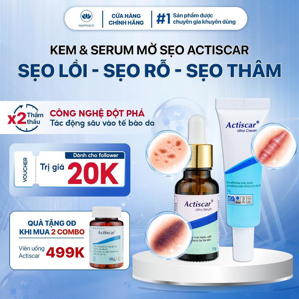 Combo kem serum và viên uống mờ sẹo Actiscar làm mờ sẹo lồi, sẹo lõm, sẹo rỗ, sẹo thâm lâu năm