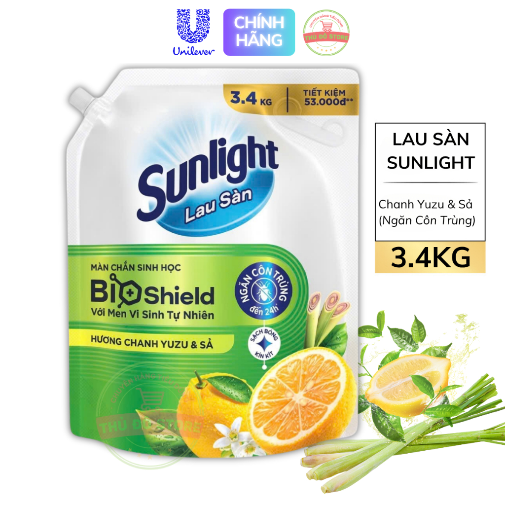 Nước Lau Sàn Sunlight BIOSHIELD Ngăn Côn Trùng Chanh Sả - Túi 3.4KG