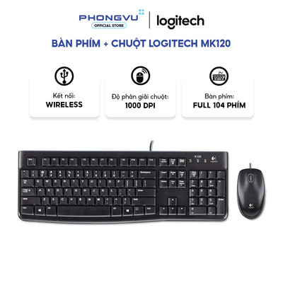 Combo Bàn phím và Chuột máy tính Logitech MK120 - Chống tràn nước - Phím gõ êm - Bảo hành 36 tháng