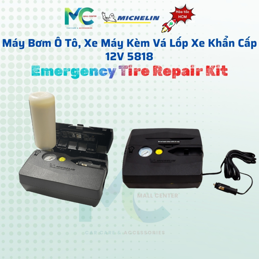 Michelin - Máy Bơm Ô Tô, Xe Máy Kèm Vá Lốp Xe Khẩn Cấp 12V Emergency Tire Repair Kit 5818