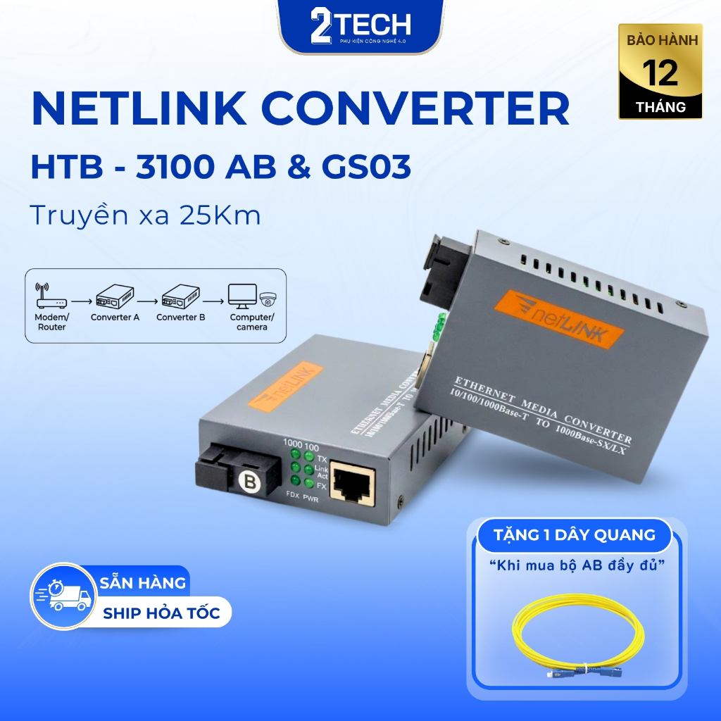 Bộ chuyển đổi quang điện Netlink HTB-3100 AB, GS03 AB tốc độ 100 - 1000 mbps, 1 sợi quang, bảo hành 