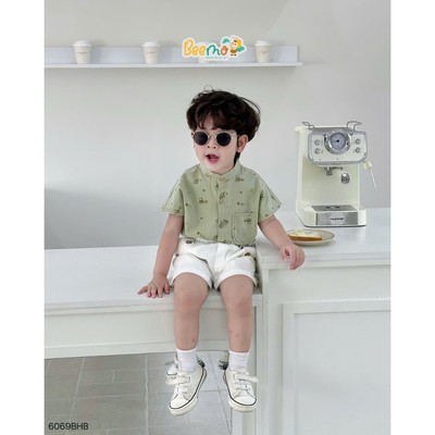 Set bộ sơ mi cổ tàu Beemo in tràn ô tô vải thô hàn co giãn cho bé đi học, đi chơi từ 9-24kg 6069BHB