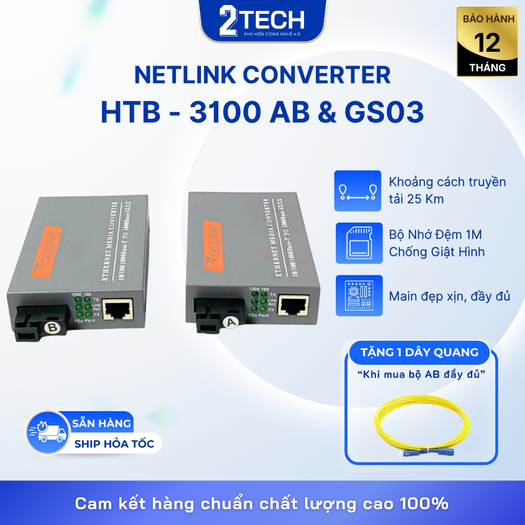 Bộ converter quang Netlink HTB-3100, GS03 tốc độ 100 - 1000 mbps, 1 sợi quang, bảo hành 12 tháng