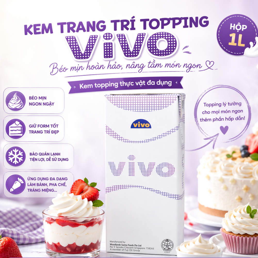 [Giá Sỉ] Kem Trang Trí Topping Vivo Hộp 1L Kem Sữa Topping Béo Mịn, Dễ Đánh Bông Giữ Form Tốt