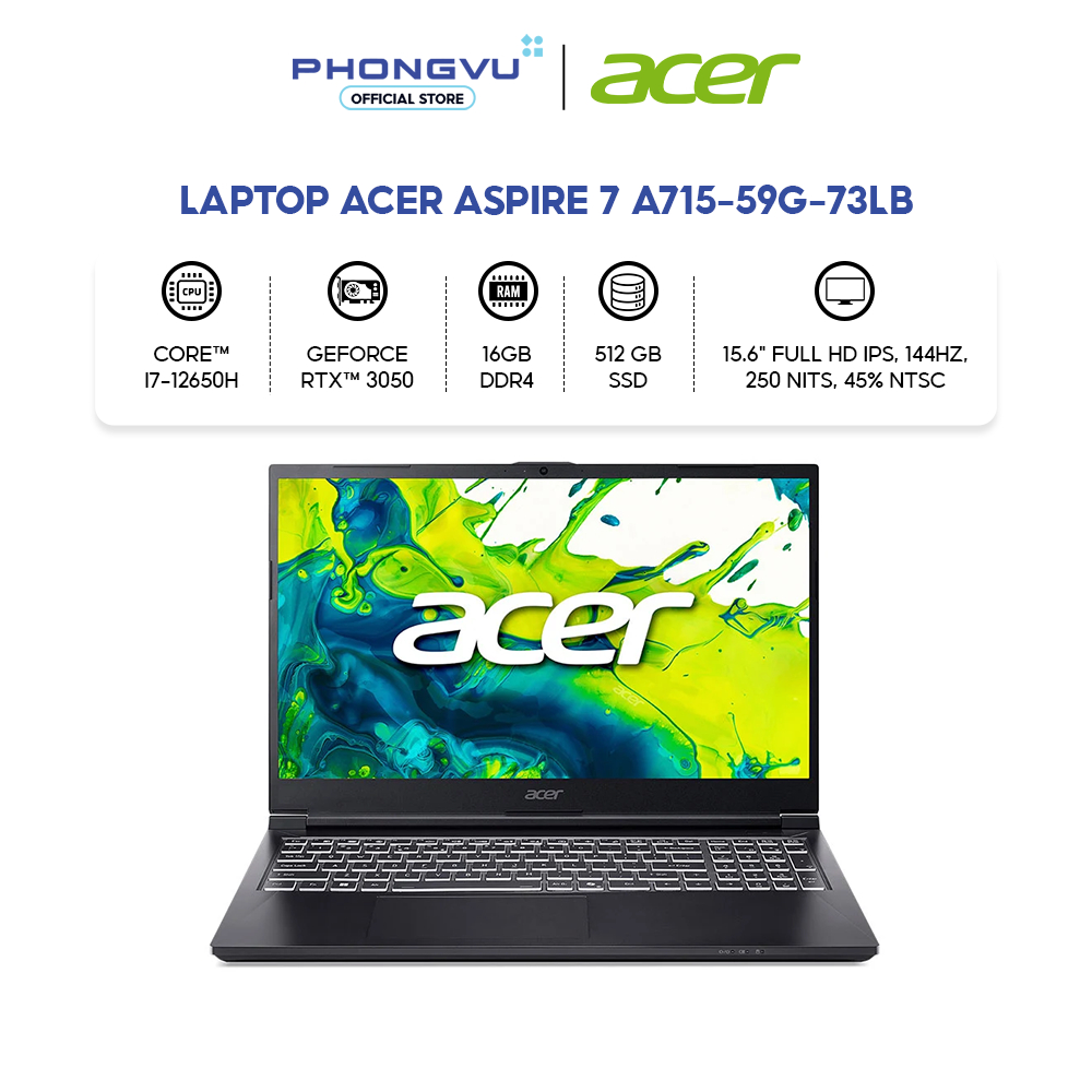 Laptop Acer Aspire 7 A715-59G-73LB (i7-12650H/ GeForce RTX™ 3050/ 16GB/ 512GB/ Windows 11) -Bảo hành