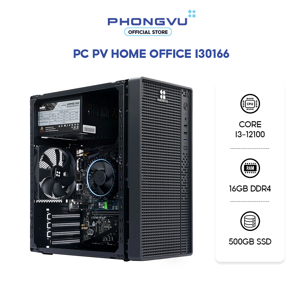 PC Phong Vũ Home Office I30166 (Intel Core i3-12100/2x8GB/500GB SSD/Free DOS) - Bảo hành 36 tháng