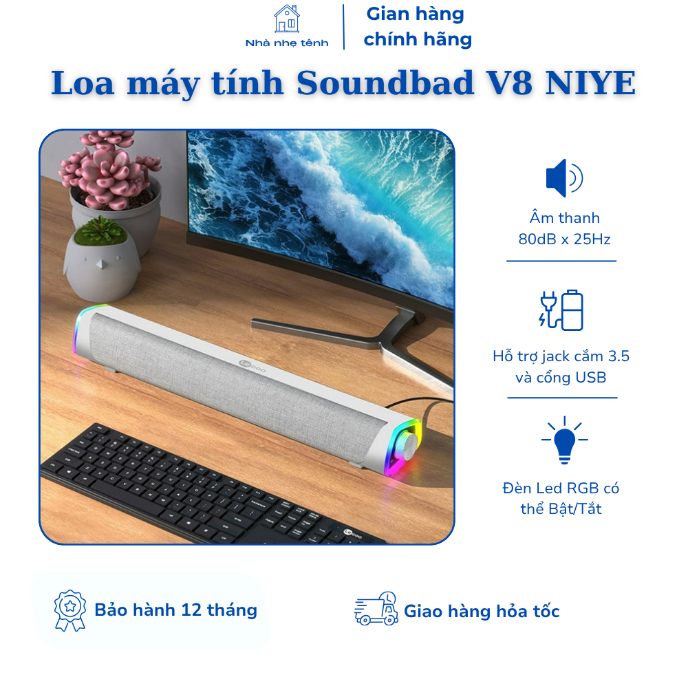 Loa Máy Tính Soundbar V8 NIYE, Âm Thanh HIFI Sống Động, LED RGB Đổi Màu, Màng Vải Cao Cấp, Dùng Cho 