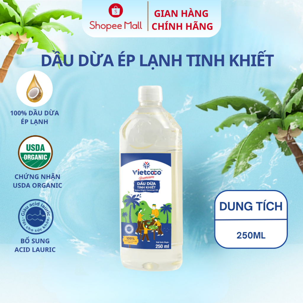 Dầu Dừa Vietcoco Tinh Khiết Ép Lạnh 100% Hữu Cơ Dưỡng Ẩm Da, Chăm Sóc Tóc Và Hỗ Trợ Trắng Răng- Chai