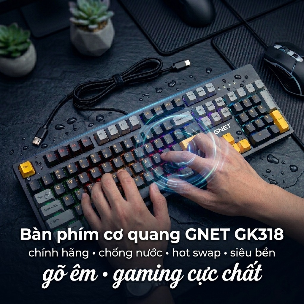 Bàn phím cơ quang GNET GK318 chính hãng chống nước hot swap siêu bền gõ êm gaming cực chất