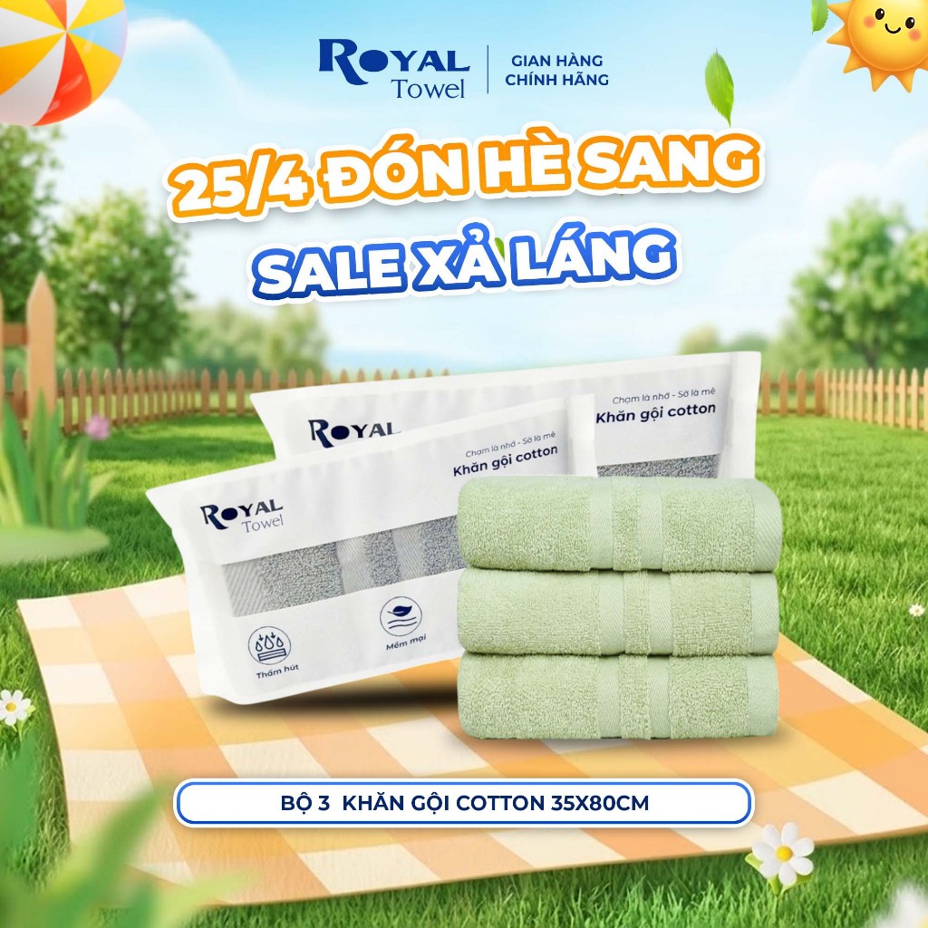 Bộ 3 Khăn Gội Royal Towel 35x80cm Sợi Cotton Mềm Mịn, Thấm Hút Tốt, Không Xổ Lông, Không Phai Màu