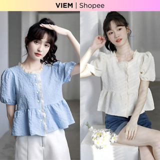 Áo voan kiểu nữ VIEM tay phồng bo chun ngắn tay viền ren vải họa tiết cao cấp áo chiffon siêu đẹp 2 màu xanh be hot 2026