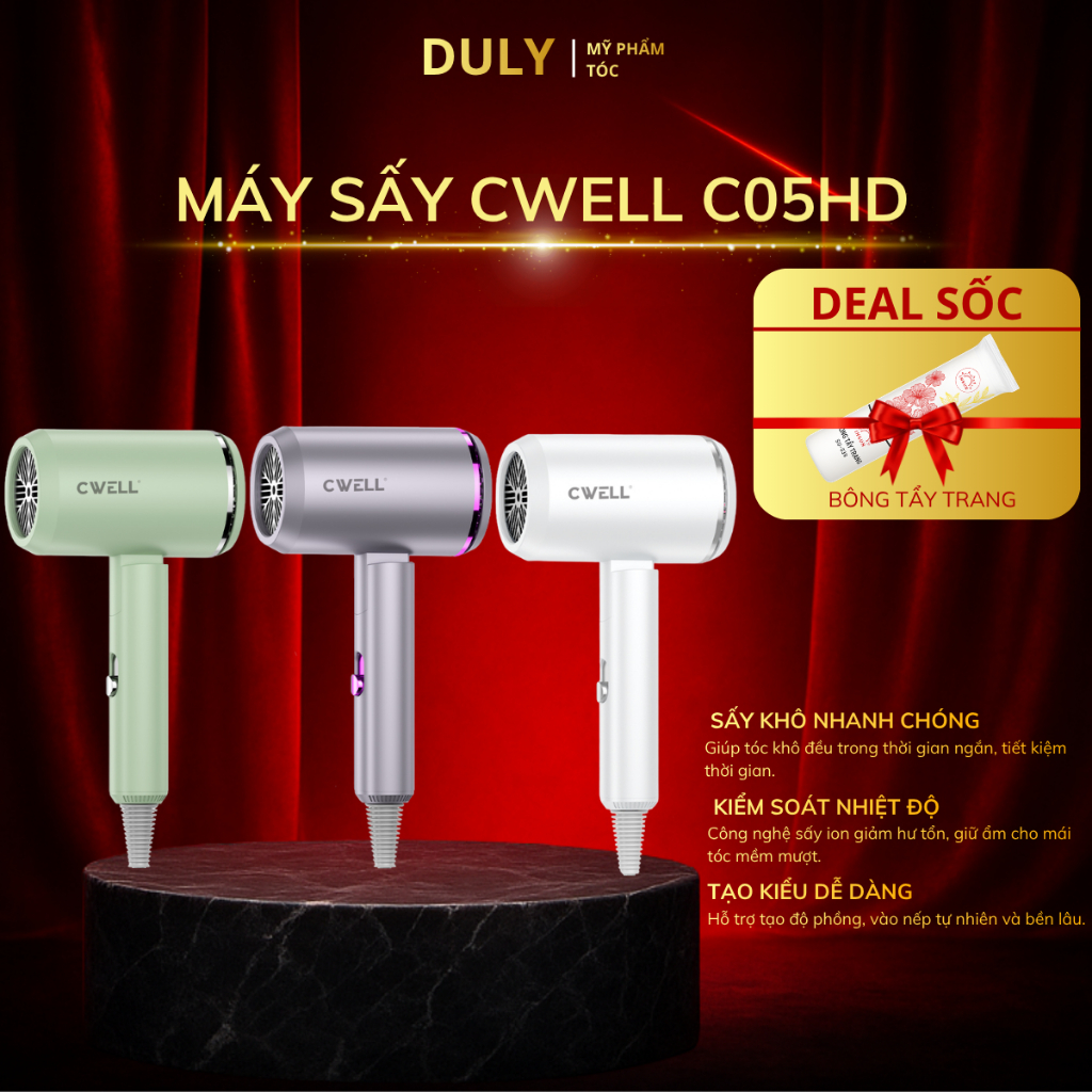 Máy sấy tóc CWELL 1800W gấp gọn 2 chiều nóng lạnh, 3 chế độ nhiệt, ánh sáng xanh- BẢN NÂNG CẤP C05HD