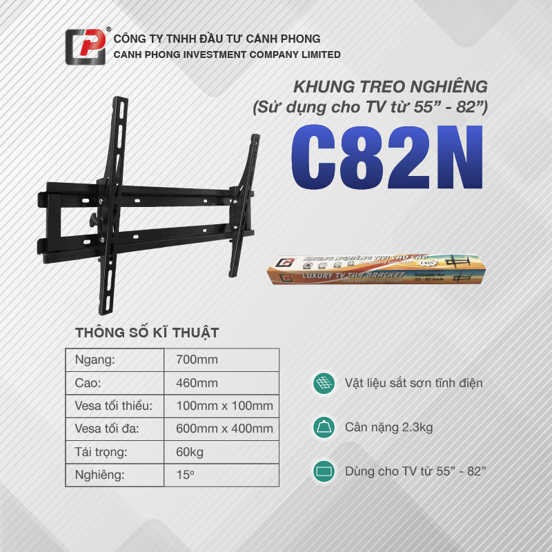 Giá Treo Tivi Nghiêng Chính Hãng Cảnh Phong Cho TV 55-82inch Kèm Ốc Vít (Nghiêng 15 độ) - C82N